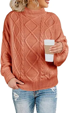 Womens Turtleneck Oversized Pullover Sweaters Cable Knit Batwing Long Sleeve Loose Fit Chunky Jumper Tops