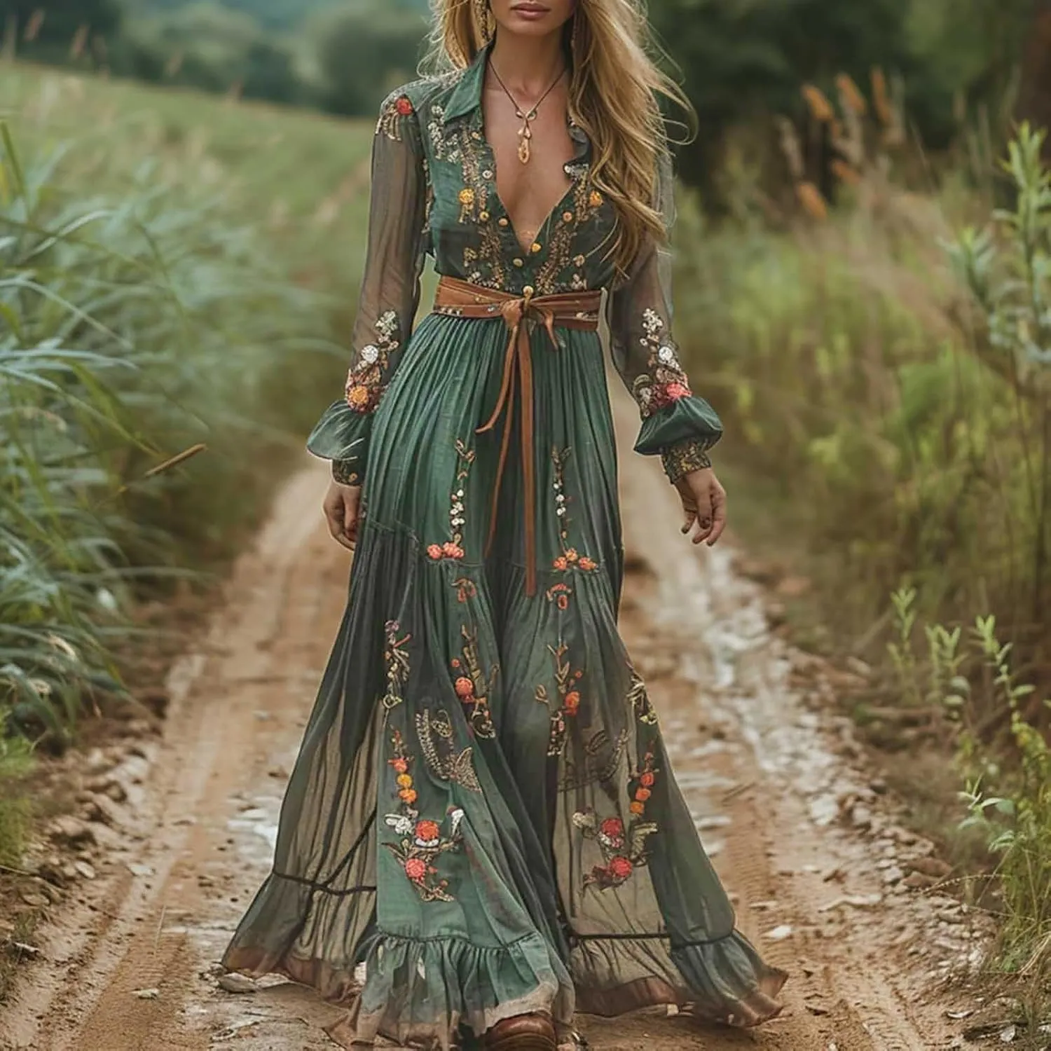 Women's Vintage Pastoral Flower Long Dress Sexy V-Neck Long Sleeve Boho Dresses Spring Summer Casual Maxi Dress