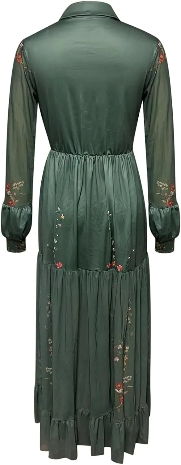 Women's Vintage Pastoral Flower Long Dress Sexy V-Neck Long Sleeve Boho Dresses Spring Summer Casual Maxi Dress