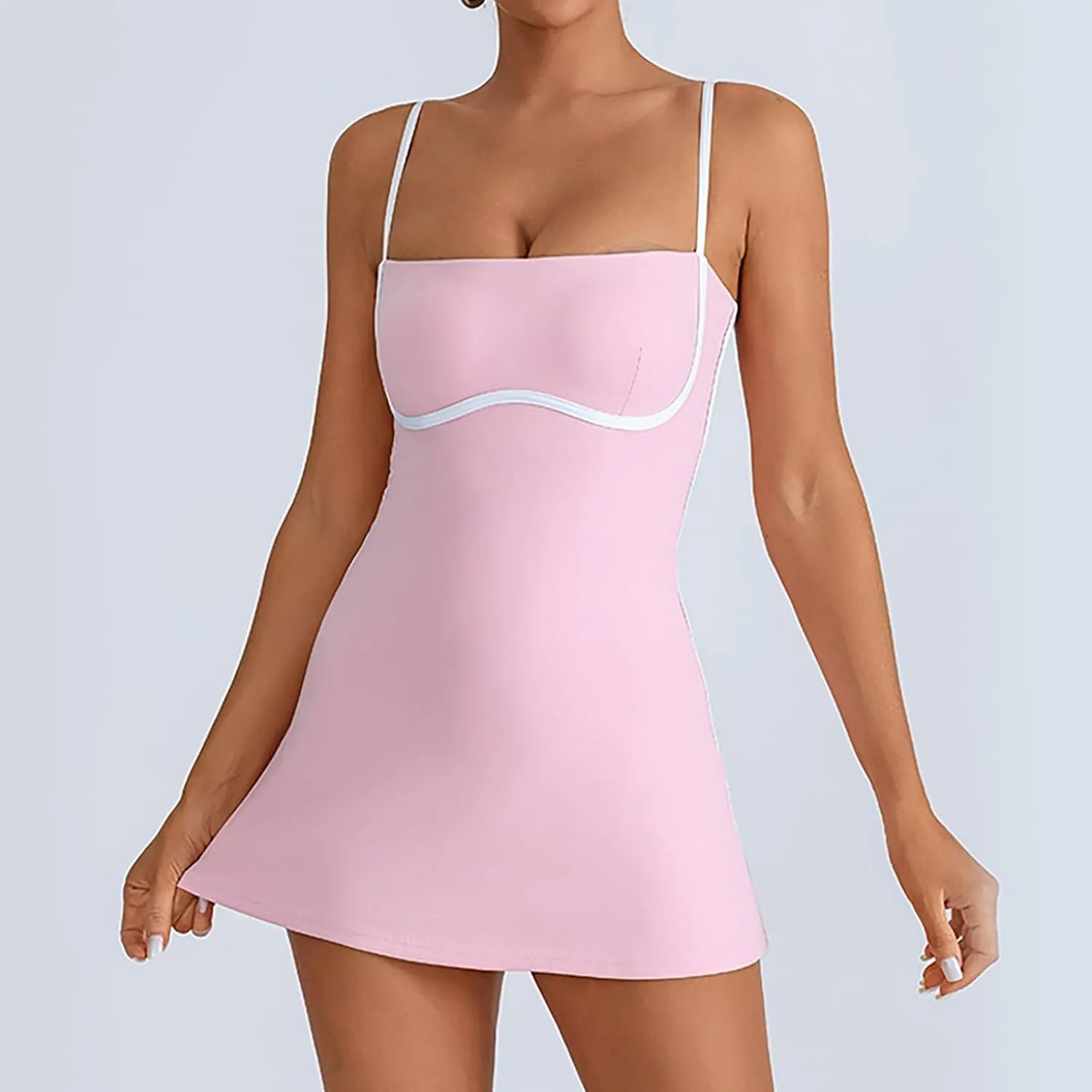 Womens Workout Tennis Dress with Built in Shorts Sleeveless Square Neck Suspender Exercise Yoga Dress