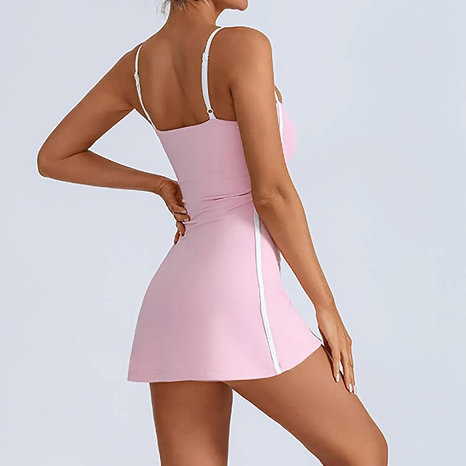 Womens Workout Tennis Dress with Built in Shorts Sleeveless Square Neck Suspender Exercise Yoga Dress