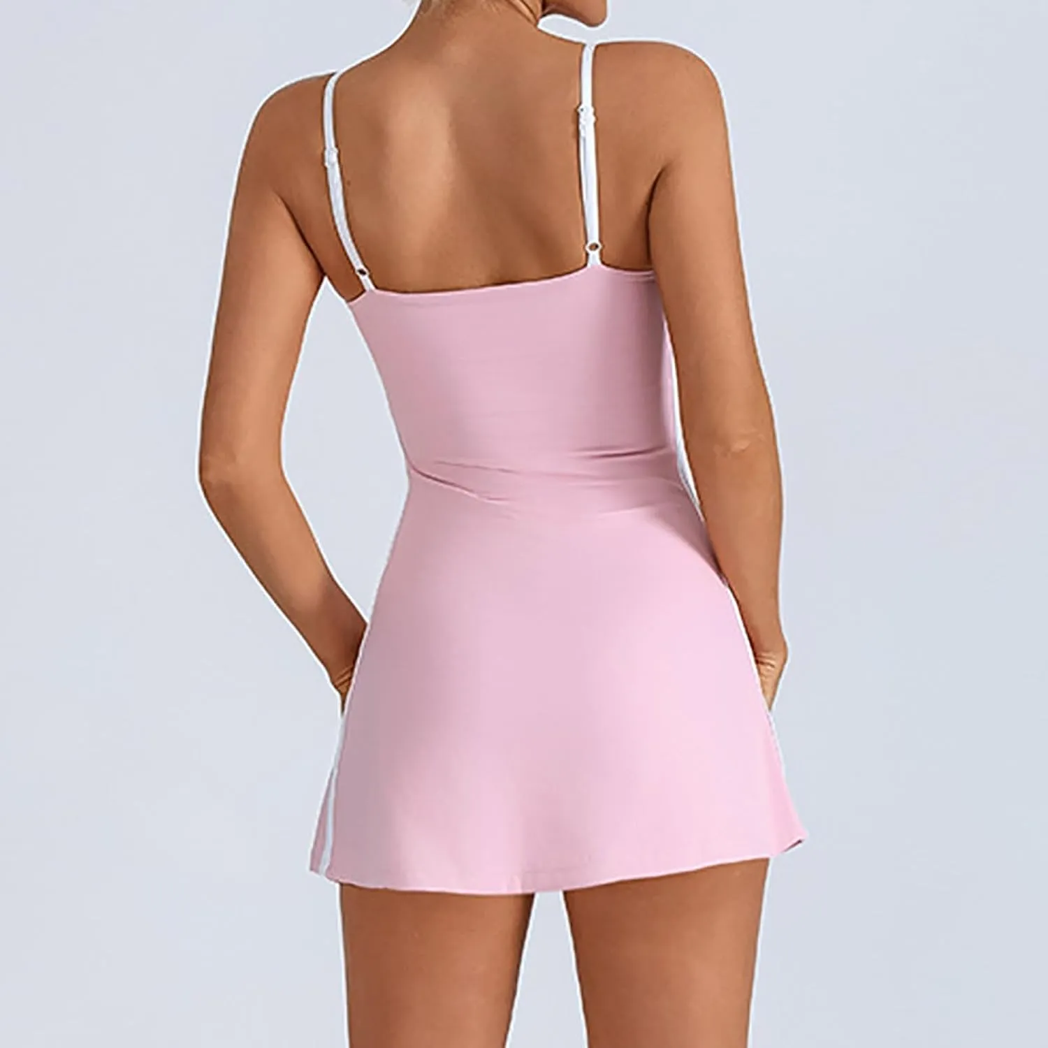 Womens Workout Tennis Dress with Built in Shorts Sleeveless Square Neck Suspender Exercise Yoga Dress