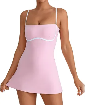 Womens Workout Tennis Dress with Built in Shorts Sleeveless Square Neck Suspender Exercise Yoga Dress