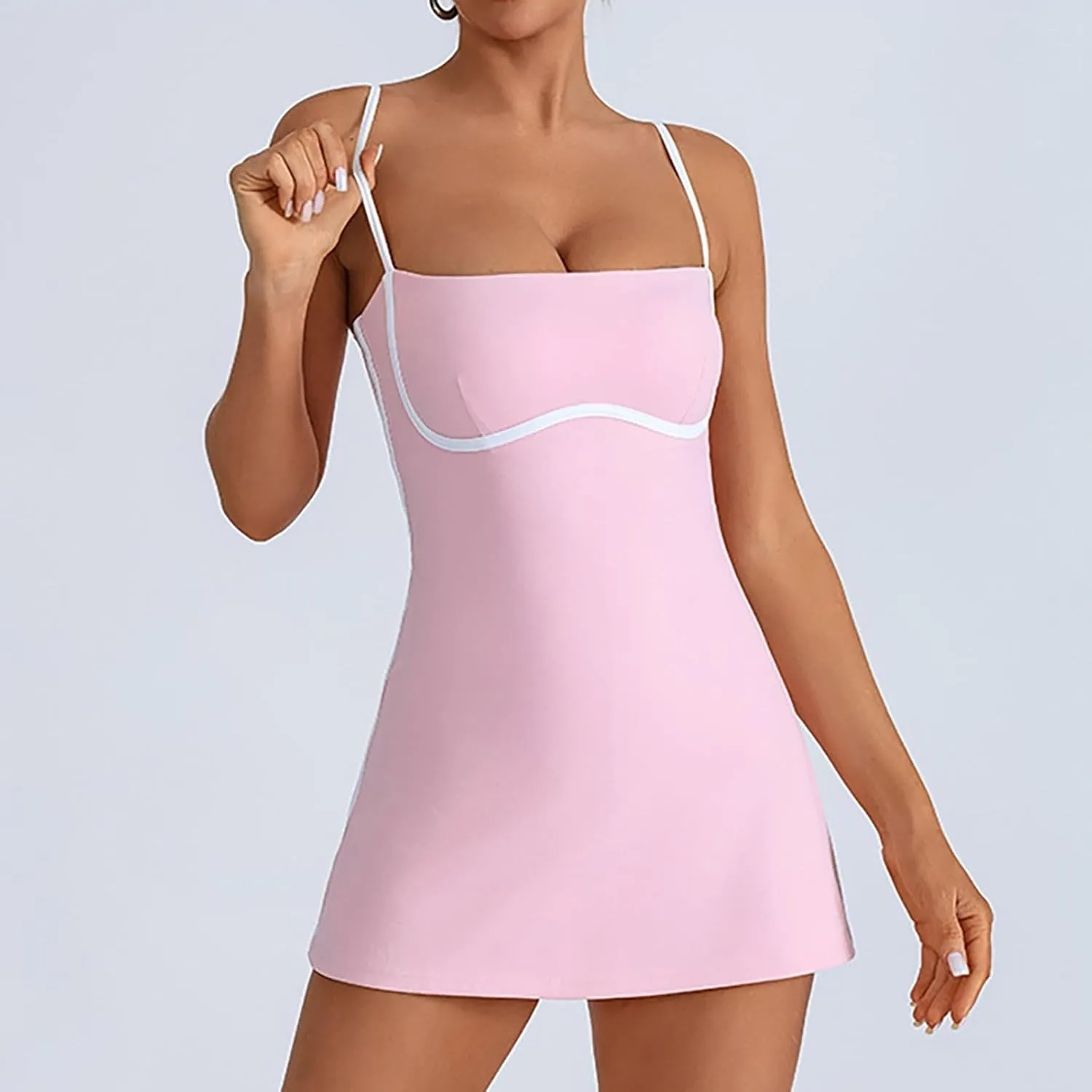 Womens Workout Tennis Dress with Built in Shorts Sleeveless Square Neck Suspender Exercise Yoga Dress