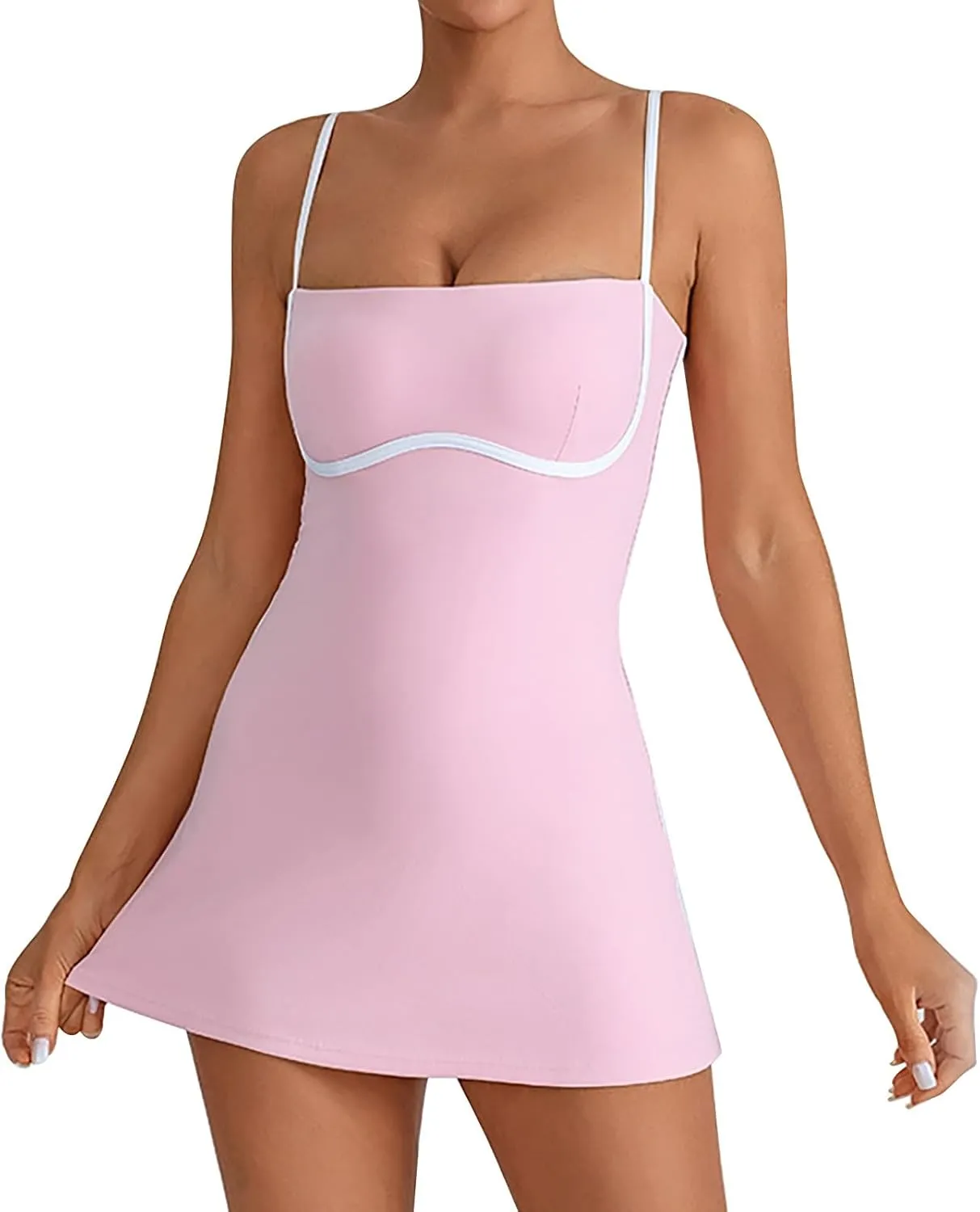 Womens Workout Tennis Dress with Built in Shorts Sleeveless Square Neck Suspender Exercise Yoga Dress