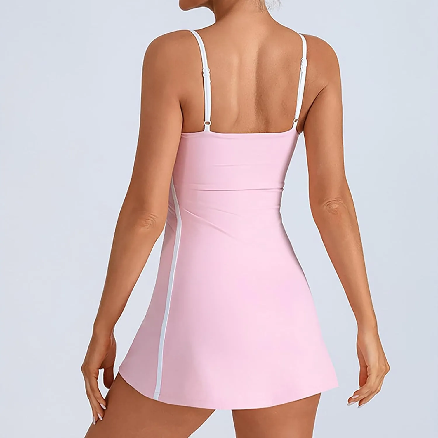 Womens Workout Tennis Dress with Built in Shorts Sleeveless Square Neck Suspender Exercise Yoga Dress