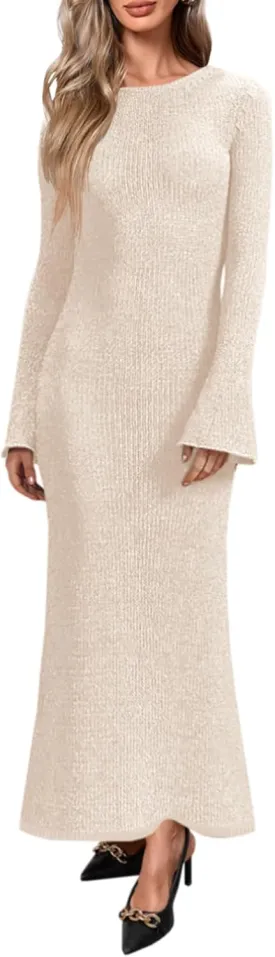 Yousify Womens Bell Long Sleeve Maxi Dress Casual Crewneck Knit Slim Fit Flowy Sweater Dresses