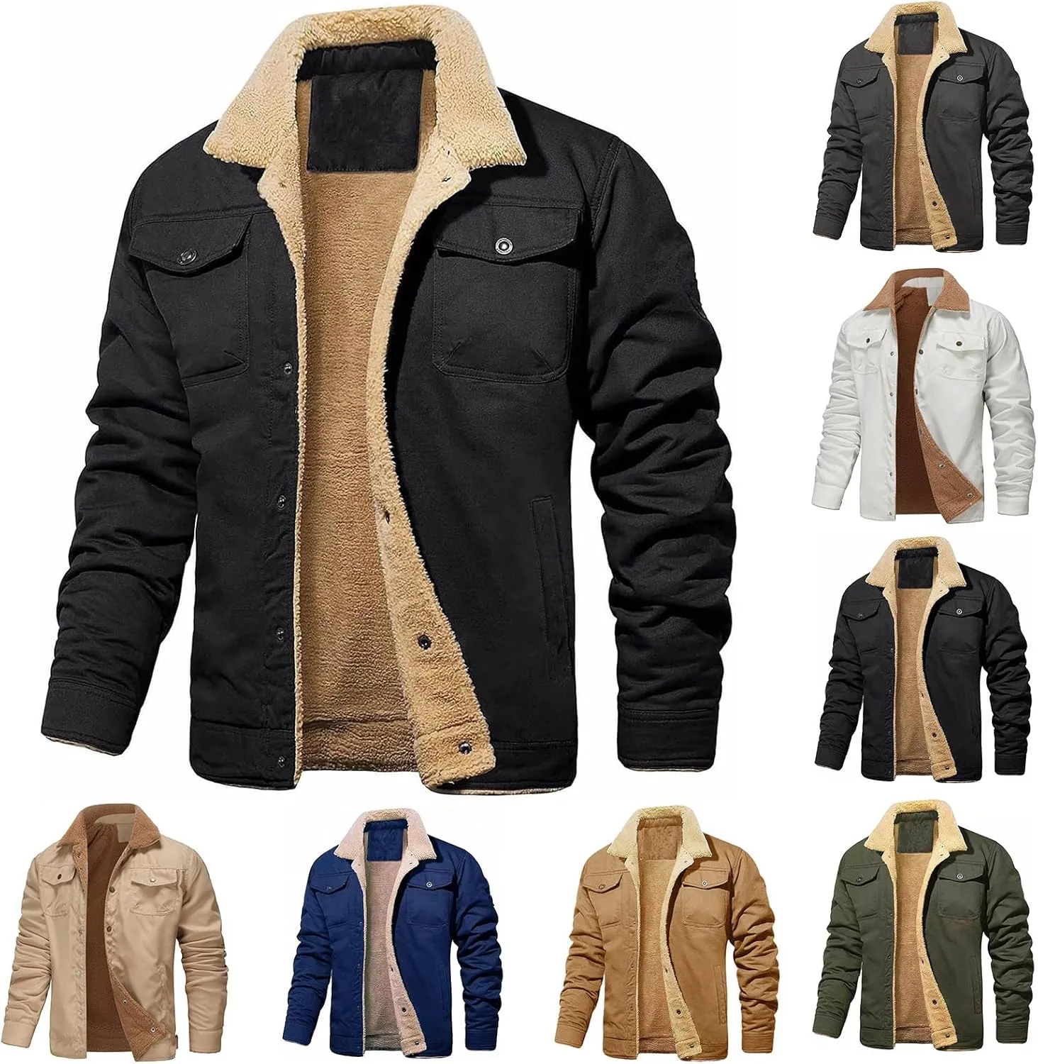 ZWRXW Men's Winter Jacket Fleece Lined Thick Thermal Coat Lapel Work Cargo Trucker Jackets Cotton Warm Outwear with Pockets