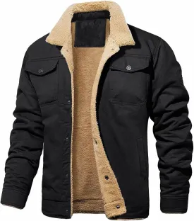 ZWRXW Men's Winter Jacket Fleece Lined Thick Thermal Coat Lapel Work Cargo Trucker Jackets Cotton Warm Outwear with Pockets